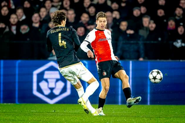 Sparta Praha midfielder Markus Solbakken, Feyenoord Rotterdam defender Gijs Smal during the match Feyenoord - Sparta Praha at the Stadium De Kuip for the Champions League - League phase - Matchday 6 season 2024-2025 in ROTTERDAM, Netherlands on 11 december 2024, (photo by Marcel van Dorst EYE4images DeFodi Images) Defodi-746_203646