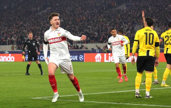 11.12.2024, Deutschland, Stuttgart, Fußball Champions League, VfB Stuttgart vs. Young Boys Bern, Jubel nach dem 1:1 Tor, Torschütze Angelo Stiller (VfB)