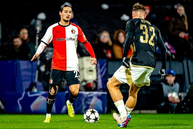 Feyenoord Rotterdam forwarder Anis Hadj Moussa during the match Feyenoord - Sparta Praha at the Stadium De Kuip for the Champions League - League phase - Matchday 6 season 2024-2025 in ROTTERDAM, Netherlands on 11 december 2024, (photo by Marcel van Dorst EYE4images DeFodi Images) Defodi-746_203685