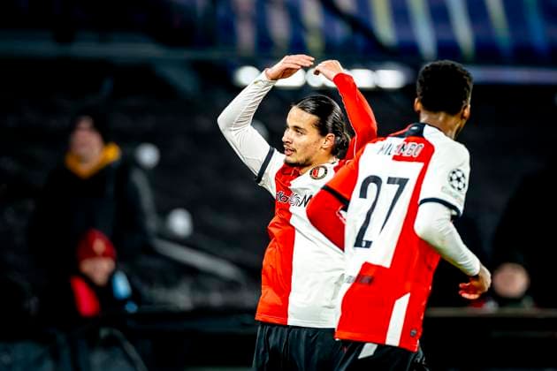 Feyenoord Rotterdam forwarder Anis Hadj Moussa celebrating the goal during the match Feyenoord - Sparta Praha at the Stadium De Kuip for the Champions League - League phase - Matchday 6 season 2024-2025 in ROTTERDAM, Netherlands on 11 december 2024, (photo by Marcel van Dorst EYE4images DeFodi Images) Defodi-746_203686