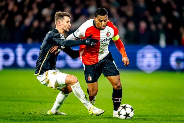 Feyenoord Rotterdam midfielder Ramiz Zerrouki, Feyenoord Rotterdam midfielder Quinten Timber during the match Feyenoord - Sparta Praha at the Stadium De Kuip for the Champions League - League phase - Matchday 6 season 2024-2025 in ROTTERDAM, Netherlands on 11 december 2024, (photo by Marcel van Dorst EYE4images DeFodi Images) Defodi-746_203691