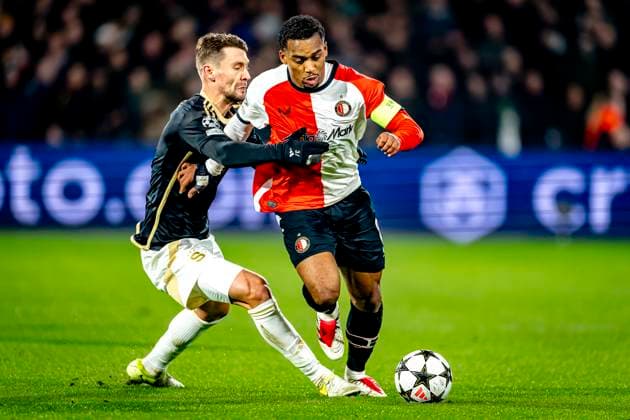 Feyenoord Rotterdam midfielder Ramiz Zerrouki, Feyenoord Rotterdam midfielder Quinten Timber during the match Feyenoord - Sparta Praha at the Stadium De Kuip for the Champions League - League phase - Matchday 6 season 2024-2025 in ROTTERDAM, Netherlands on 11 december 2024, (photo by Marcel van Dorst EYE4images DeFodi Images) Defodi-746_203699