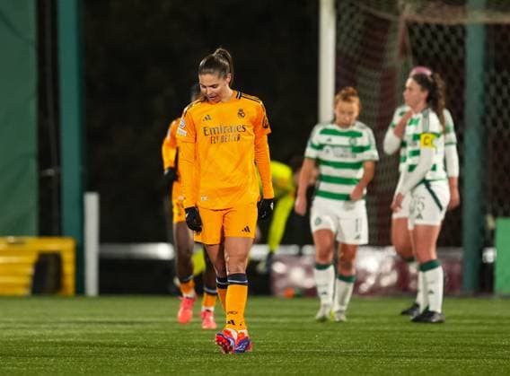 Signe Bruun of Real Madrid celebrates scoring to give Real Madrid a 0-1 lead. Celtic Women v Real Madrid Women, UEFA Women s Champions League, Group B, Football, New Douglas Park , Hamilton, Scotland, UK - 11 Dec 2024 EDITORIAL USE ONLY No use with unauthorised audio, video, data, fixture lists, club league logos or live services. Online in-match use limited to 120 images, no video emulation. No use in betting, games or single club league player publications. Copyright: xStuartxWallace Shutterstockx 14985021g