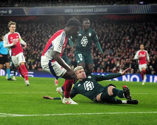 Football - 2024 2025 UEFA Champions League - League Phase - Matchday 6 of 8 - Arsenal vs Monaco - Emirates Stadium - Wednesday 11th December 2024 Bakayo Saka of Arsenal scores his first half goal 
