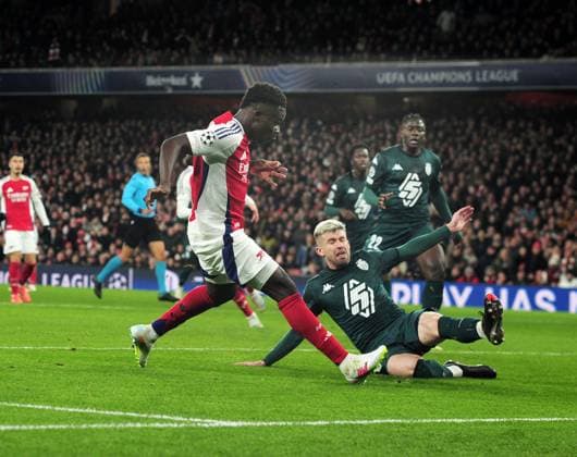 Football - 2024 2025 UEFA Champions League - League Phase - Matchday 6 of 8 - Arsenal vs Monaco - Emirates Stadium - Wednesday 11th December 2024 Bakayo Saka of Arsenal scores his first half goal 