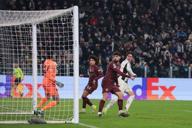 Turin, Italy, 11th December 2024. Dusan Vlahovic of Juventus scores to give the side a 1-0 lead during the UEFA Champions League match at Juventus Stadium, Turin. Picture credit should read: Jonathan Moscrop Sportimage EDITORIAL USE ONLY. No use with unauthorised audio, video, data, fixture lists, club league logos or live services. Online in-match use limited to 120 images, no video emulation. No use in betting, games or single club league player publications. SPI-3517-0013
