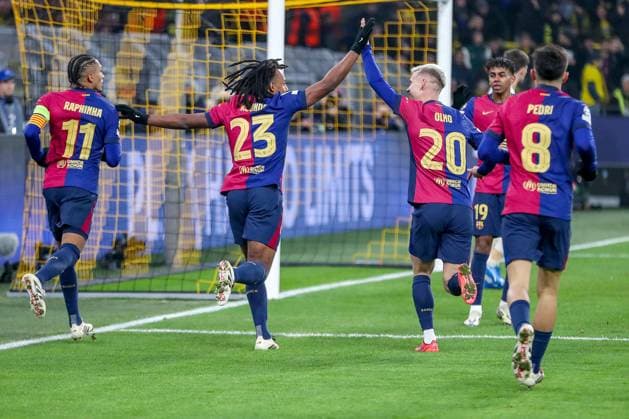 11.12.2024, UEFA Champions League, Borussia Dortmund - FC Barcelona, Barca 8. Spieltag, Signal Iduna Park, Saison 2024 2025: Torjubel nach dem Tor zum 1:0 durch Raphinha (Barca 11) Nordrhein-Westfalen Deutschland