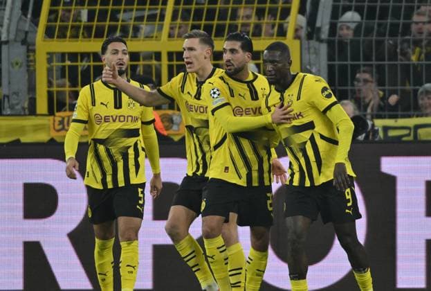 Jubel 2.2 v.li. Ramy Bensebaini (Borussia Dortmund), Nico Schlotterbeck (Borussia Dortmund), Emre Can (Borussia Dortmund), Serhou Guirassy (Borussia Dortmund) 11.12.2024, Fussball UEFA Champions League 2024 25, 6. Spieltag Borussia Dortmund - FC Barcelona, Barca Dortmund Signal Iduna Park Nordrhein Westfalen Deutschland