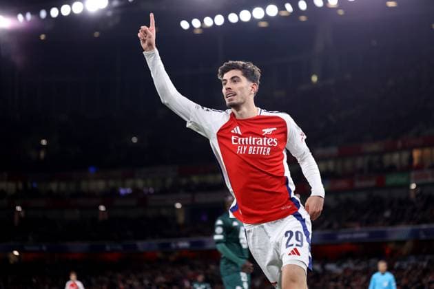 Arsenal v Monaco 11 December 2024, London - UEFA Champions League - Arsenal v Monaco - Kai Havertz of Arsenal celebrates the third goal - Photo: Jacques Feeney Offside. London UK Copyright: xJacquesxFeeneyx xOffsidexOffside