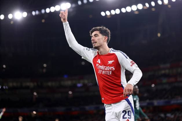 Arsenal v Monaco 11 December 2024, London - UEFA Champions League - Arsenal v Monaco - Kai Havertz of Arsenal celebrates the third goal - Photo: Jacques Feeney Offside. London UK Copyright: xJacquesxFeeneyx xOffsidexOffside