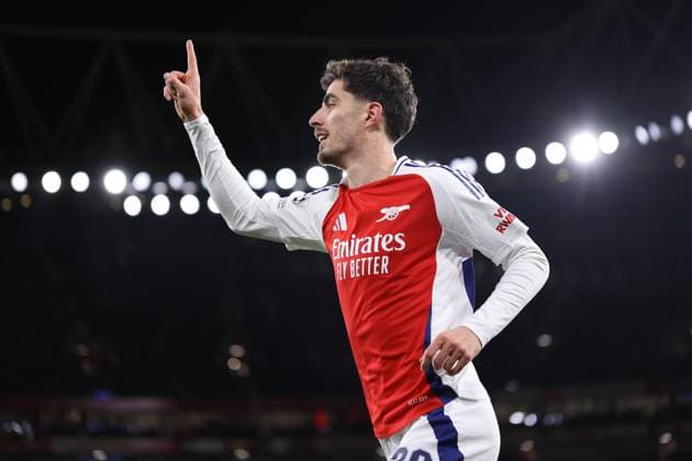 Arsenal v Monaco 11 December 2024, London - UEFA Champions League - Arsenal v Monaco - Kai Havertz of Arsenal celebrates the third goal - Photo: Jacques Feeney Offside. London UK Copyright: xJacquesxFeeneyx xOffsidexOffside
