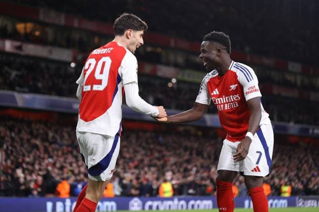 Arsenal v Monaco 11 December 2024, London - UEFA Champions League - Arsenal v Monaco - Kai Havertz of Arsenal celebrates the third goal with Bukayo Saka of Arsenal - Photo: Jacques Feeney Offside. London UK Copyright: xJacquesxFeeneyx xOffsidexOffside