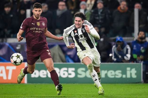 Juventus FC v Manchester City FC - UEFA Champions League Dusan Vlahovic of Juventus FC celebrates with Ruben Dias of Manchester City FC during the UEFA Champions League 2024 25 league phase football match between Juventus FC and Manchester City FC. Turin Italy Copyright: xNicolòxCampox