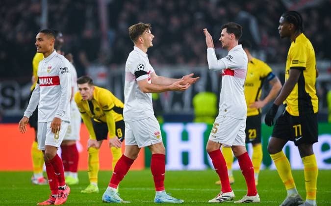 Pascal Stenzel (VfB Stuttgart) and Yannik Keitel (VfB Stuttgart) celebrate the win after the UEFA Champions League 2024 25 League Phase MD6 match between VfB Stuttgart and BSC Young Boys at MHPArena on December 11, 2024 in Stuttgart, Germany. (Photo by Silas Schueller DeFodi Images) Defodi-738_738_VFBYBB_20241211_214