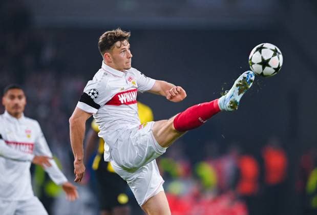 Yannik Keitel (VfB Stuttgart) controls the ball during the UEFA Champions League 2024 25 League Phase MD6 match between VfB Stuttgart and BSC Young Boys at MHPArena on December 11, 2024 in Stuttgart, Germany. (Photo by Silas Schueller DeFodi Images) Defodi-738_738_VFBYBB_20241211_208