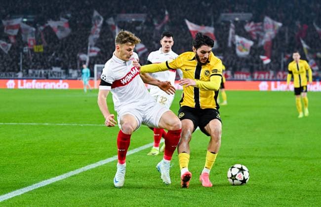 Jaouen Hadjam (BSC Young Boys) and Yannik Keitel (VfB Stuttgart) battle for the ball during the UEFA Champions League 2024 25 League Phase MD6 match between VfB Stuttgart and BSC Young Boys at MHPArena on December 11, 2024 in Stuttgart, Germany. (Photo by Silas Schueller DeFodi Images) Defodi-738_738_VFBYBB_20241211_267