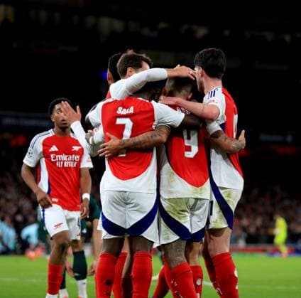 (241212) -- LONDON, Dec. 12, 2024 -- Players of Arsenal celebrates scoring during the UEFA Champions League football match between Arsenal and Monaco in London, Britain, on Dec. 11, 2024. ) (SP)BRITAIN-LONDON-FOOTBALL-UEFA CHAMPIONS LEAGUE-ARSENAL VS MONACO LixYing 
