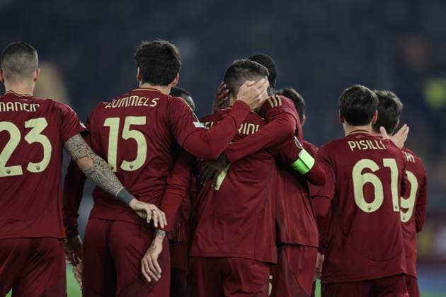 UEFA Europa League phase match day6 AS Roma vs Sporting Braga Roma™s Italian midfielder Lorenzo Pellegrini celebrates after scoring a goal during UEFA Europa League phase match day 6 match between AS Roma vs Sporting Braga at Olimpico stadium on December 12, 2024 in Rome, Italy. ABPH4835 Copyright: xAntonioxBalascox