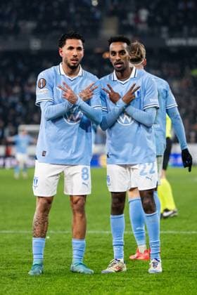 241212 Sergio Pena and Taha Ali of Malmö FF celebrate after 2-2 during the UEFA Europa League football match between Malmö FF and Galatasaray on December 12, 2024 in Malmö. Photo: Petter Arvidson BILDBYRAN kod PA PA0940 fotboll football soccer fotball uefa europa league europa league malmö ff galatasaray bbeng jubel Copyright: PETTERxARVIDSON BB241212PA146