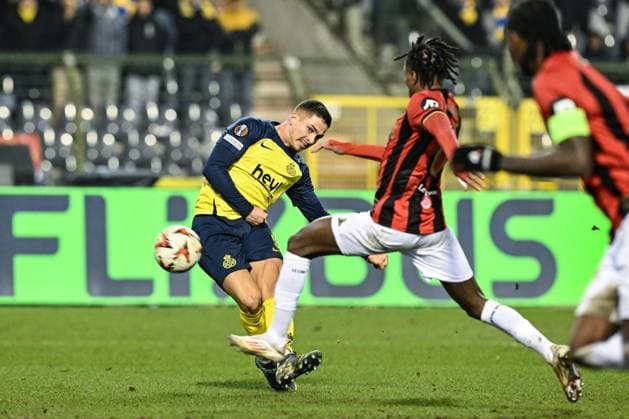Union s Franjo Ivanovic scores a goal during a soccer game between Belgian soccer team Royale Union Saint-Gilloise and French OGC Nice, on Thursday 12 December 2024 in Brussels, on day 6 8 of the League phase of the UEFA Europa League tournament. BRUNOxFAHY  x108104879x