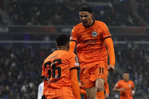 2024.12.12 6. Spieltag UEFA Europa League Olympique Lyonnais Eintracht Frankfurt v.l., Ansgar Knauff (Eintracht Frankfurt), Hugo Ekitike (Eintracht Frankfurt) Torjubel, Goal celebration, celebrate the goal (DFL REGULATIONS PROHIBIT ANY USE OF PHOTOGRAPHS AS IMAGE SEQUENCES AND OR QUASI-VIDEO) Copyright: JoaquimxFerreira