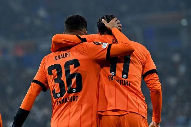 12.12.2024, xjrdrx, Fussball UEFA Europa League, Olympique Lyon - Eintracht Frankfurt emspor, v.l. Torjubel nach dem Tor zum celebrating the goal celebrate 0:1 durch Ansgar Knauff (Eintracht Frankfurt) (DFL DFB REGULATIONS PROHIBIT ANY USE OF PHOTOGRAPHS as IMAGE SEQUENCES and or QUASI-VIDEO) Lyon