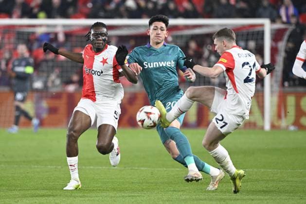(L-R) Igoh Ogbu of Slavia, Luis Vazquez of Anderlecht and David Doudera of Slavia in action during the football Europa League 6th round match Slavia Praha vs Anderlecht in Prague, Czech Republic, December 12, 2024. (CTKxPhoto KaterinaxSulova) CTKPhotoP2024121208101  CTKPhotoP2024121208101