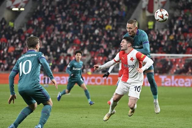 Christos Zafeiris of Slavia, left, and Ludwig Augustinsson of Anderlecht in action during the football Europa League 6th round match Slavia Praha vs Anderlecht in Prague, Czech Republic, December 12, 2024. (CTKxPhoto KaterinaxSulova) CTKPhotoP2024121208201  CTKPhotoP2024121208201