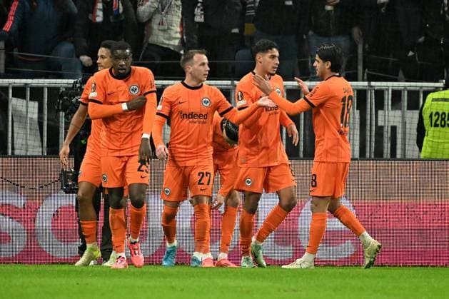 12.12.2024, xjhx, Fussball UEFA Europa League, Olympique Lyon - Eintracht Frankfurt emspor, v.l. Torjubel nach dem Tor zum celebrating the goal celebrate 0:1 durch Ansgar Knauff (Eintracht Frankfurt) (DFL DFB REGULATIONS PROHIBIT ANY USE OF PHOTOGRAPHS as IMAGE SEQUENCES and or QUASI-VIDEO) Lyon