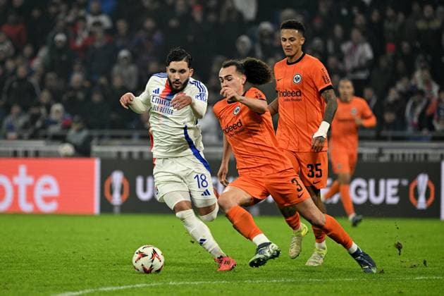 12.12.2024, xjhx, Fussball UEFA Europa League, Olympique Lyon - Eintracht Frankfurt emspor, v.l. Rayan Cherki (Olympique Lyon) Arthur Theate (Eintracht Frankfurt) Zweikampf, Aktion, action, battle for the ball (DFL DFB REGULATIONS PROHIBIT ANY USE OF PHOTOGRAPHS as IMAGE SEQUENCES and or QUASI-VIDEO) Lyon