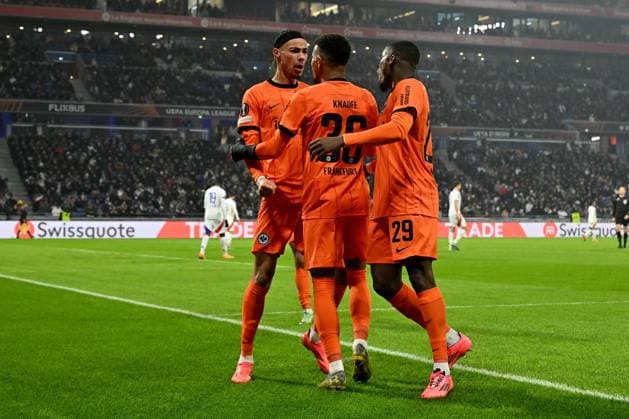 12.12.2024, xjrdrx, Fussball UEFA Europa League, Olympique Lyon - Eintracht Frankfurt emspor, v.l. Torjubel nach dem Tor zum celebrating the goal celebrate 0:1 durch Ansgar Knauff (Eintracht Frankfurt) (DFL DFB REGULATIONS PROHIBIT ANY USE OF PHOTOGRAPHS as IMAGE SEQUENCES and or QUASI-VIDEO) Lyon