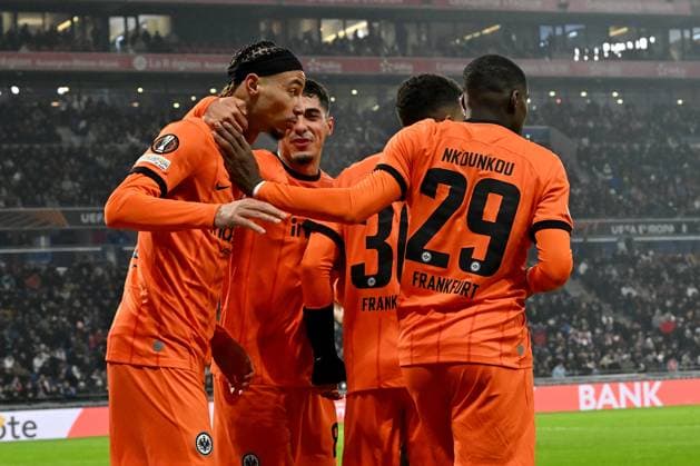 12.12.2024, xjrdrx, Fussball UEFA Europa League, Olympique Lyon - Eintracht Frankfurt emspor, v.l. Torjubel nach dem Tor zum celebrating the goal celebrate 0:1 durch Ansgar Knauff (Eintracht Frankfurt) (DFL DFB REGULATIONS PROHIBIT ANY USE OF PHOTOGRAPHS as IMAGE SEQUENCES and or QUASI-VIDEO) Lyon