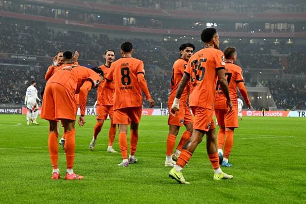 12.12.2024, xjrdrx, Fussball UEFA Europa League, Olympique Lyon - Eintracht Frankfurt emspor, v.l. Torjubel nach dem Tor zum celebrating the goal celebrate 0:1 durch Ansgar Knauff (Eintracht Frankfurt) (DFL DFB REGULATIONS PROHIBIT ANY USE OF PHOTOGRAPHS as IMAGE SEQUENCES and or QUASI-VIDEO) Lyon