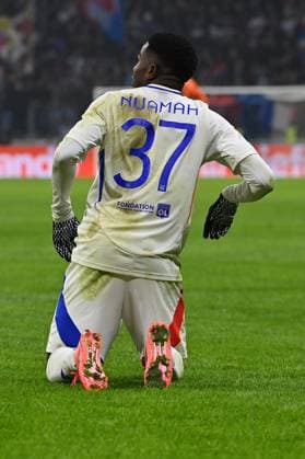 12.12.2024, xjrdrx, Fussball UEFA Europa League, Olympique Lyon - Eintracht Frankfurt emspor, v.l. Torjubel nach dem Tor zum celebrating the goal celebrate 3:1 durch Ernest Nuamah (Olympique Lyon) (DFL DFB REGULATIONS PROHIBIT ANY USE OF PHOTOGRAPHS as IMAGE SEQUENCES and or QUASI-VIDEO) Lyon