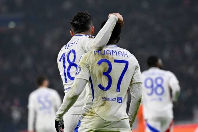 12.12.2024, xjrdrx, Fussball UEFA Europa League, Olympique Lyon - Eintracht Frankfurt emspor, v.l. Torjubel nach dem Tor zum celebrating the goal celebrate 3:1 durch Ernest Nuamah (Olympique Lyon) (DFL DFB REGULATIONS PROHIBIT ANY USE OF PHOTOGRAPHS as IMAGE SEQUENCES and or QUASI-VIDEO) Lyon