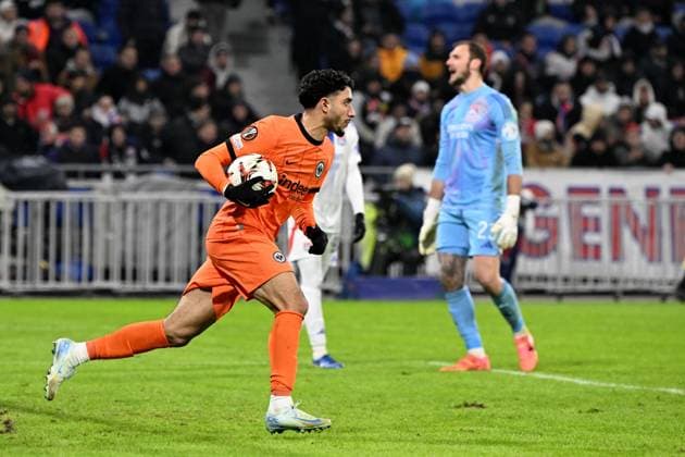 12.12.2024, xjhx, Fussball UEFA Europa League, Olympique Lyon - Eintracht Frankfurt emspor, v.l. Omar Marmoush (Eintracht Frankfurt) nach dem Tor zum 3:2 (DFL DFB REGULATIONS PROHIBIT ANY USE OF PHOTOGRAPHS as IMAGE SEQUENCES and or QUASI-VIDEO) Lyon
