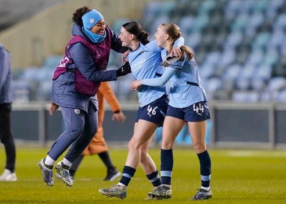 Manchester, England, 12th December 2024. Lily Murphy of Manchester City )c) celebrates the win during the UEFA Women™s Champions League match at the Academy Stadium, Manchester. Picture credit should read: Andrew Yates Sportimage EDITORIAL USE ONLY. No use with unauthorised audio, video, data, fixture lists, club league logos or live services. Online in-match use limited to 120 images, no video emulation. No use in betting, games or single club league player publications. SPI-3522-0038