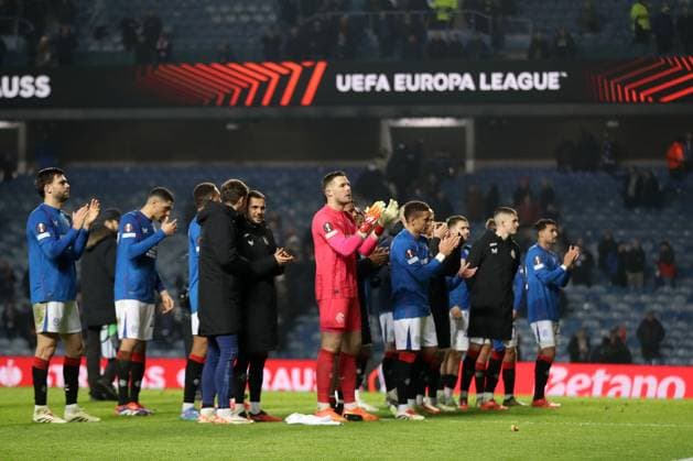 Rangers players applaud there fans after the Europa League group phase match at Ibrox Stadium, Glasgow. Rangers v Tottenham Hotspur, UEFA Europa League, Football, Ibrox Stadium, Glasgow, Scotland, UK - 12 Dec 2024 EDITORIAL USE ONLY No use with unauthorised audio, video, data, fixture lists, club league logos or live services. Online in-match use limited to 120 images, no video emulation. No use in betting, games or single club league player publications. Copyright: xKirkxO Rourke RangersxFC Shutterstockx 14998166aj