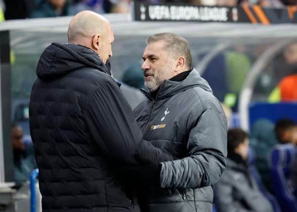 Rangers v Tottenham Hotspur UEFA Europa League Philippe Clement Rangers Manager (left) with Ange Postecoglou Tottenham Hotspur Manager during the UEFA Europa League match at Ibrox Stadium, Glasgow UK Newspapers OUT Copyright: xFredxPalmerx FIL-21078-0067