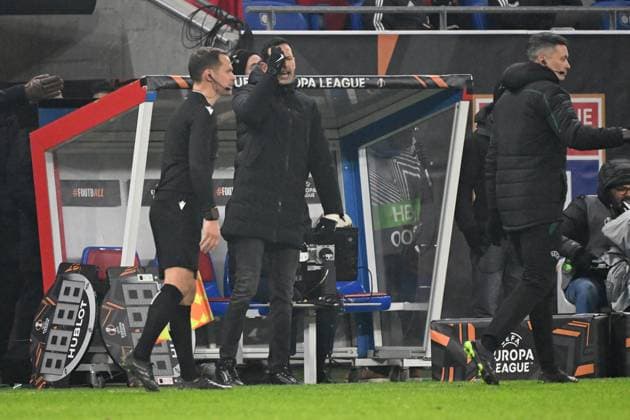 12.12.2024, xjhx, Fussball UEFA Europa League, Olympique Lyon - Eintracht Frankfurt emspor, v.l. Trainer Dino Toppmöller Toppmoeller (Eintracht Frankfurt) (DFL DFB REGULATIONS PROHIBIT ANY USE OF PHOTOGRAPHS as IMAGE SEQUENCES and or QUASI-VIDEO) Lyon