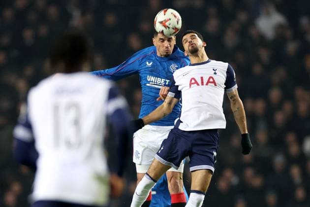 Leon Balogun of Rangers jumps with Dominic Solanke of Tottenham Hotspur during the Europa League group phase match at Ibrox Stadium, Glasgow. Rangers v Tottenham Hotspur, UEFA Europa League, Football, Ibrox Stadium, Glasgow, Scotland, UK - 12 Dec 2024 EDITORIAL USE ONLY No use with unauthorised audio, video, data, fixture lists, club league logos or live services. Online in-match use limited to 120 images, no video emulation. No use in betting, games or single club league player publications. Copyright: xKirkxO Rourke RangersxFC Shutterstockx 14998166aq