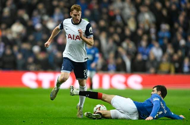 Glasgow, Scotland, 12th December 2024. Dejan Kulusevski of Tottenham Hotspur and Robin Pröpper of Rangers during the UEFA Europa League match at Ibrox Stadium, Glasgow. Picture credit should read: Neil Hanna Sportimage EDITORIAL USE ONLY. No use with unauthorised audio, video, data, fixture lists, club league logos or live services. Online in-match use limited to 120 images, no video emulation. No use in betting, games or single club league player publications. SPI-3523-0045