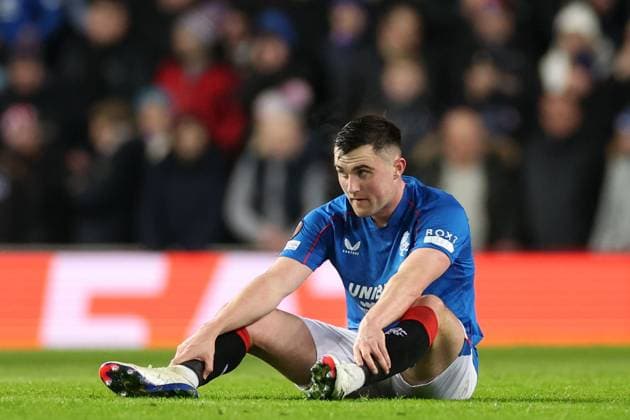 John Souttar of Rangers sits injured during the Europa League group phase match at Ibrox Stadium, Glasgow. Rangers v Tottenham Hotspur, UEFA Europa League, Football, Ibrox Stadium, Glasgow, Scotland, UK - 12 Dec 2024 EDITORIAL USE ONLY No use with unauthorised audio, video, data, fixture lists, club league logos or live services. Online in-match use limited to 120 images, no video emulation. No use in betting, games or single club league player publications. Copyright: xKirkxO Rourke RangersxFC Shutterstockx 14998166bu