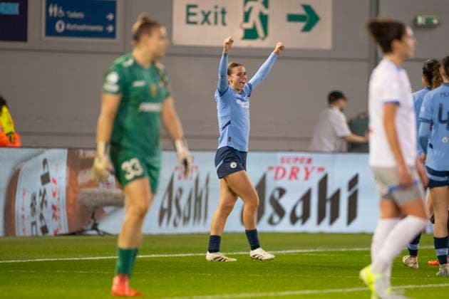 Manchester City v SKN St. Polten - UEFA Women s Champions League 2024 25 Group Stage MD5 Kerstin Casparij 18 of Manchester City W.F.C. celebrates her goal during the UEFA Champions League Group D match between Manchester City and SKN St. Polten at the Joie Stadium in Manchester, England, on December 12, 2024. Manchester United Kingdom  Copyright: xMIxNewsx originalFilename:fletcher-manchest241212_nppQc.jpg