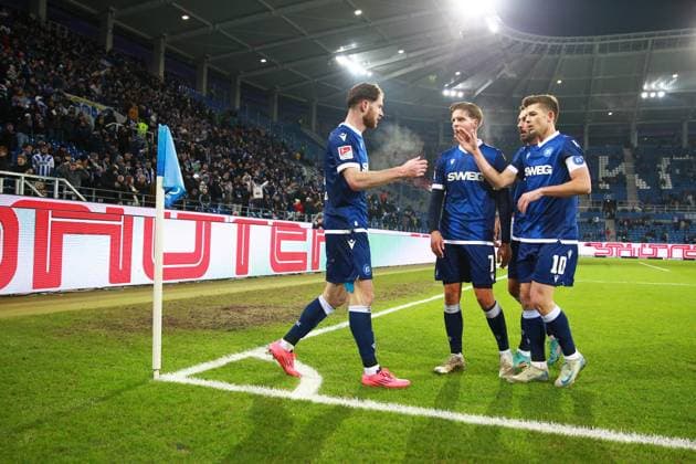 13.12.2024, xrekx, Fussball 2.Bundesliga, Karlsruher SC - Jahn Regensburg emspor, v.l. Budu Zivzivadze (Karlsruher SC) bejueblt das 1:1 mit Dzenis Burnic (Karlsruher SC) Fabian Schleusener (Karlsruher SC) Marvin Wanitzek (Karlsruher SC) (DFL DFB REGULATIONS PROHIBIT ANY USE OF PHOTOGRAPHS as IMAGE SEQUENCES and or QUASI-VIDEO) Karlsruhe