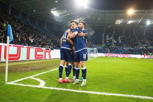 13.12.2024, xrekx, Fussball 2.Bundesliga, Karlsruher SC - Jahn Regensburg emspor, v.l. Budu Zivzivadze (Karlsruher SC) bejueblt das 1:1 mit Dzenis Burnic (Karlsruher SC) Fabian Schleusener (Karlsruher SC) Marvin Wanitzek (Karlsruher SC) (DFL DFB REGULATIONS PROHIBIT ANY USE OF PHOTOGRAPHS as IMAGE SEQUENCES and or QUASI-VIDEO) Karlsruhe