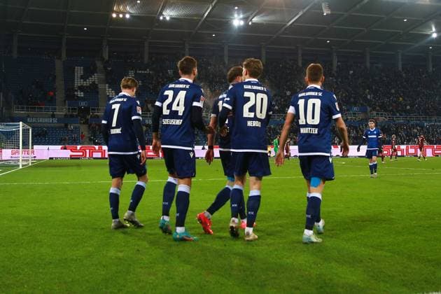 13.12.2024, xrekx, Fussball 2.Bundesliga, Karlsruher SC - Jahn Regensburg emspor, v.l. Budu Zivzivadze (Karlsruher SC) bejueblt das 1:1 mit Dzenis Burnic (Karlsruher SC) Fabian Schleusener (Karlsruher SC) Marvin Wanitzek (Karlsruher SC) David Herold (Karlsruher SC) (DFL DFB REGULATIONS PROHIBIT ANY USE OF PHOTOGRAPHS as IMAGE SEQUENCES and or QUASI-VIDEO) Karlsruhe