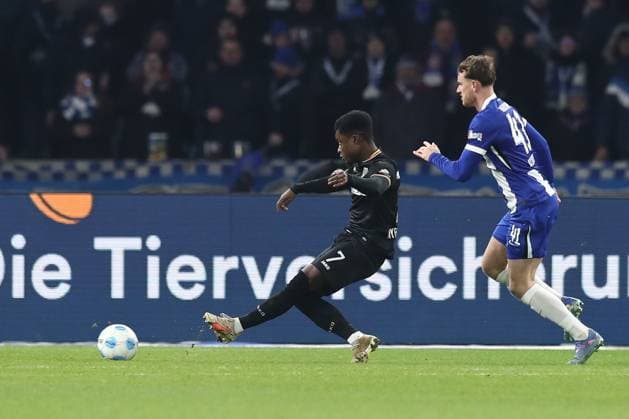 13.12.2024, xtgx, Fussball - 2.Bundesliga, Hertha BSC Berlin - Preussen Muenster emspor, v.l. Tor zum 1:1 durch Daniel Kyerewaa (Muenster, 7) (DFL DFB REGULATIONS PROHIBIT ANY USE OF PHOTOGRAPHS as IMAGE SEQUENCES and or QUASI-VIDEO) Berlin