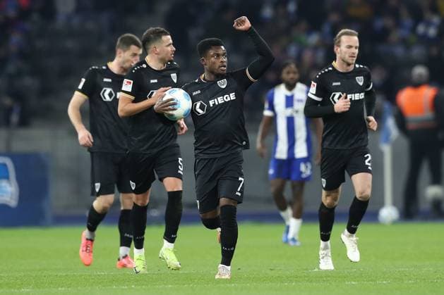 13.12.2024, xtgx, Fussball - 2.Bundesliga, Hertha BSC Berlin - Preussen Muenster emspor, v.l. Jubel nach dem 1:1 durch Daniel Kyerewaa (Muenster, 7) (DFL DFB REGULATIONS PROHIBIT ANY USE OF PHOTOGRAPHS as IMAGE SEQUENCES and or QUASI-VIDEO) Berlin