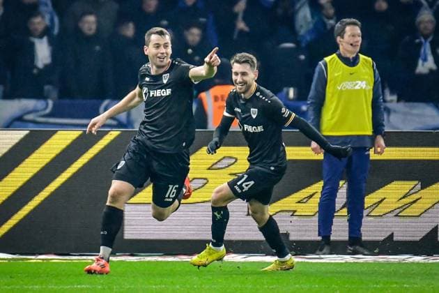 Fussball - 2.Bundesliga Hertha BSC Berlin - Preußen Münster 13.12.2024, xdanx, Fussball - 2.Bundesliga Hertha BSC Berlin - Preußen Münster v.l.Jubel nach dem 1:2 durch Torge Paetow (SC Preußen Muenster 16),Charalambos Makridis (SC Preußen Muenster 14), (DFL DFB REGULATIONS PROHIBIT ANY USE OF PHOTOGRAPHS as IMAGE SEQUENCES and or QUASI-VIDEO) Daniel Lakomski Mix1 Berlin Olympiastadion Berlin Berlin Deutschland (DE)